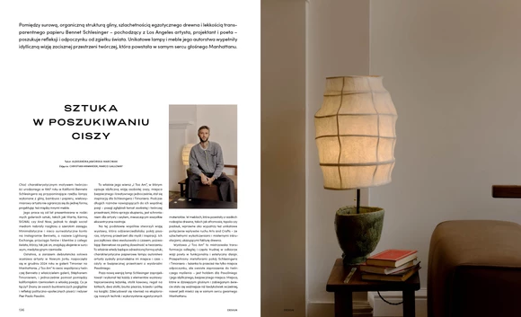 Dwie strony magazynu z sekcji Design. Na jednej stronie wywiad z projektantem, na drugiej zdjęcie lampy.