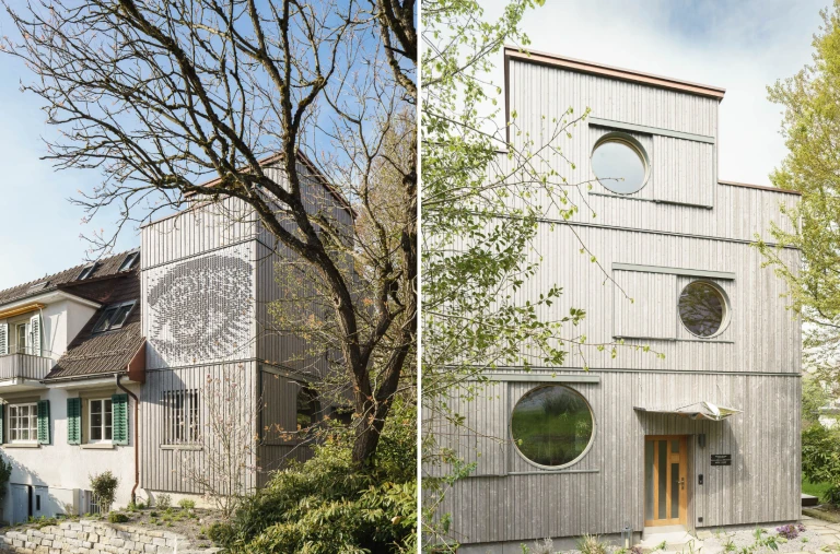 Szwajcarski dom architektki Anny Jach. Fasadę ozdobiły dach projektu Oskara Zięty i relief w kształcie oka