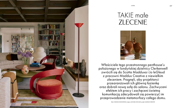 Dwie strony z magazynu pokazujące wnętrze penthouse'u wraz z krótkim opisem miejsca